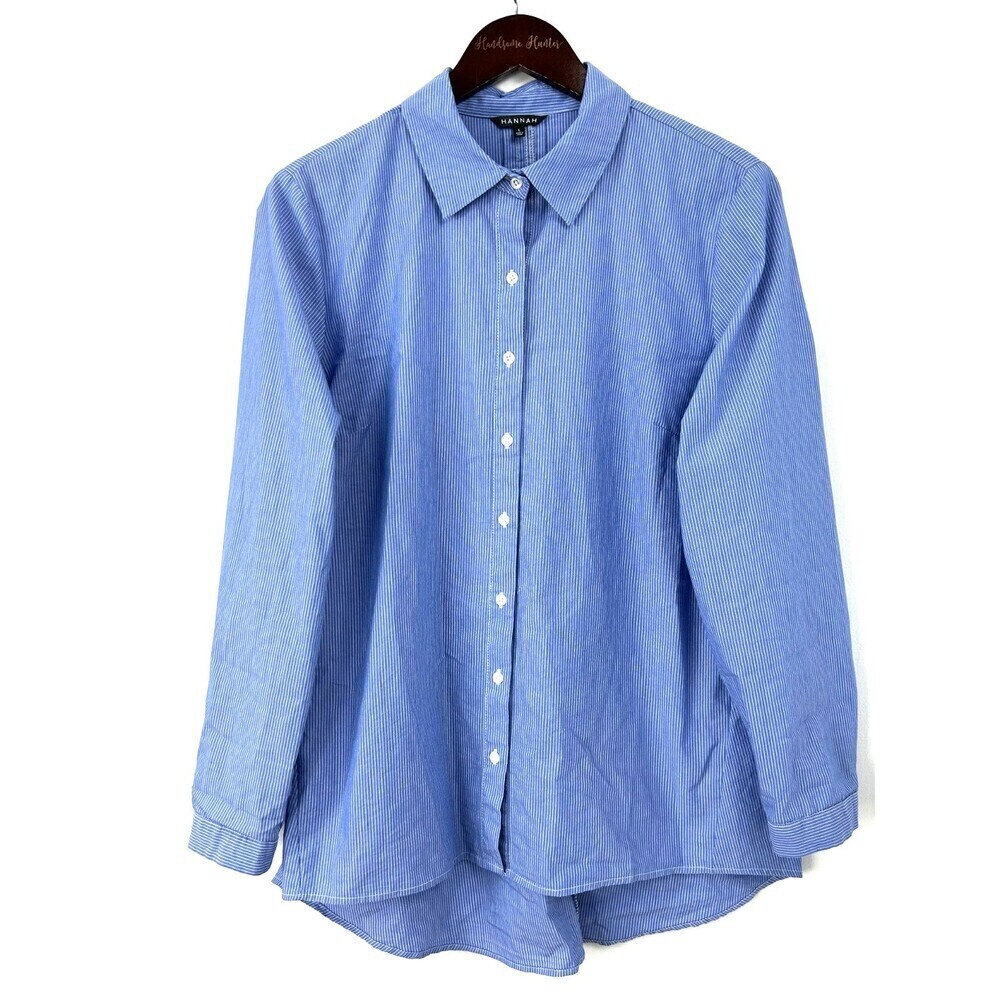 Hannah Women Pinstriped Blue Button Up Tunic Top Size L 1148R4